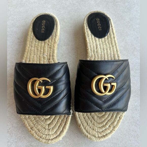 Gucci Shoes - Gucci Pilar GG Marmont Leather Espadrille Slide Sandals Size 39.5 Black